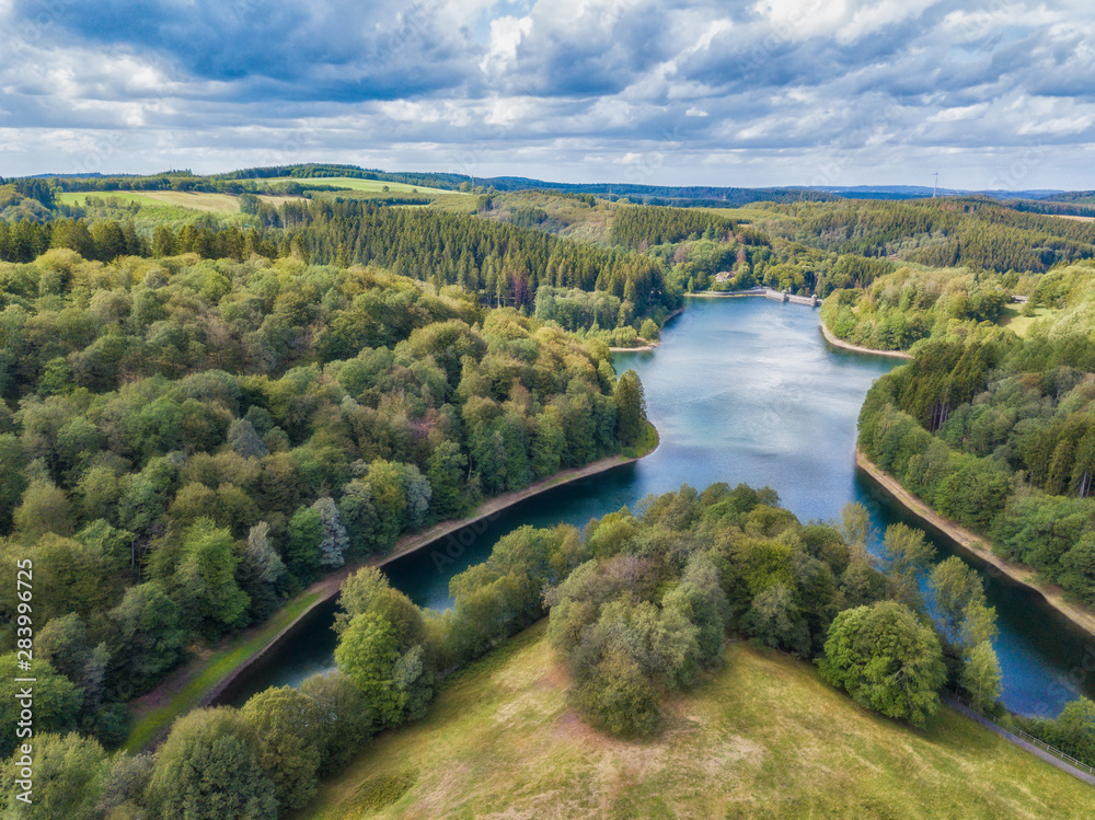 Aerial view of the Fuerwigge dam near Meinerzhagen in the Sauerland in Germany..