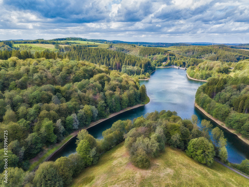 Aerial view of the Fuerwigge dam near Meinerzhagen in the Sauerland in Germany..