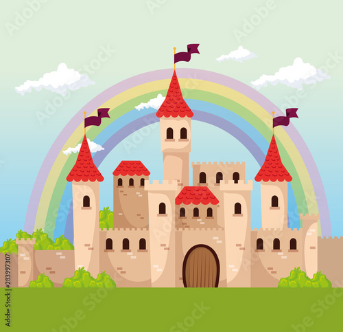 medieval castle with flags and clouds with rainbow