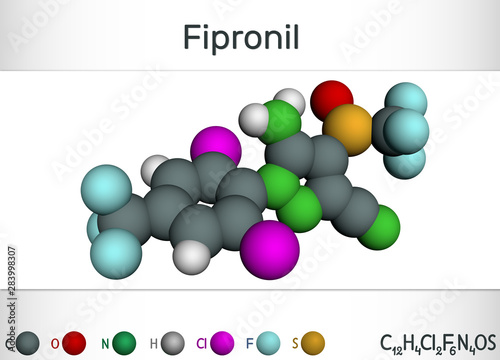 Fipronil, broad-spectrum insecticide molecule. It is used to fight ants, beetles, cockroaches, fleas, ticks, termites and other insects. Molecular model, illustration photo