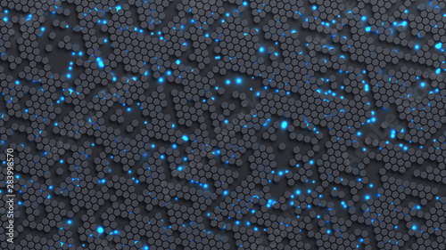 Abstract hexagonal dark gray surface with blue sparks