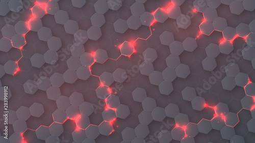 Abstract hexagonal surface with red sparks