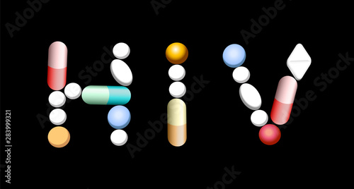 HIV written with tablets, pills and capsules. Isolated vector illustration on black background.