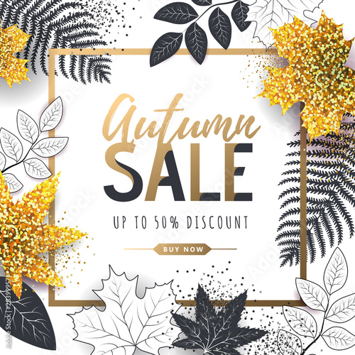 Autumn big sale typography poster with golden and black autumn leaves. Nature concept