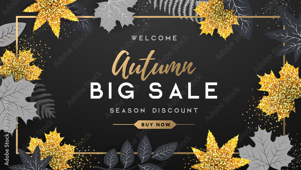 Fototapeta Autumn big sale typography poster with golden and black autumn leaves. Nature concept