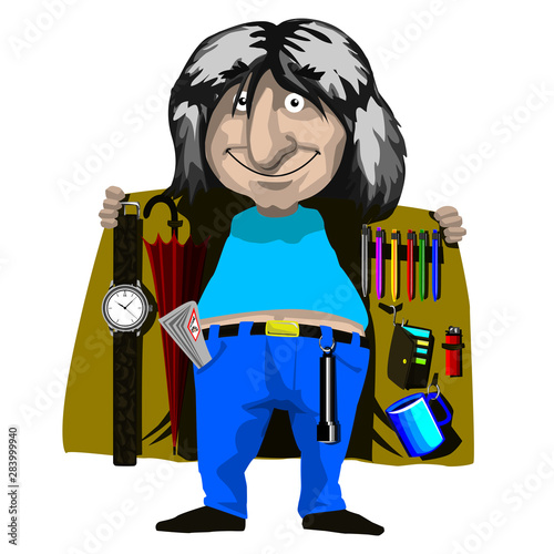 funny vector cartoon of a man with coat offering ad media in his jacket like a drug dealer.  open coat, exhibitionist, smuggler.