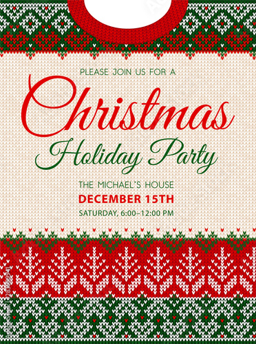 Ugly sweater Christmas party invite. Knitted background pattern scandinavian ornaments.