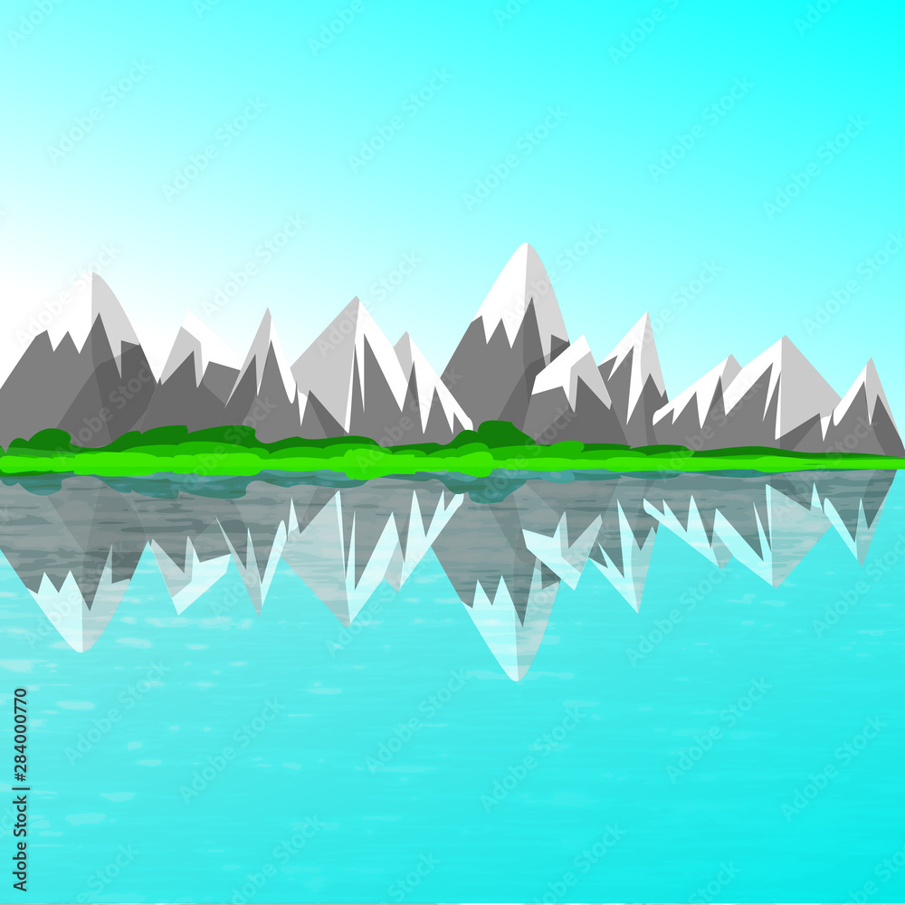 Mountain lake with alpine panorama.  the mountain range is reflected in the water.  Vector illustration.  blue, gray.