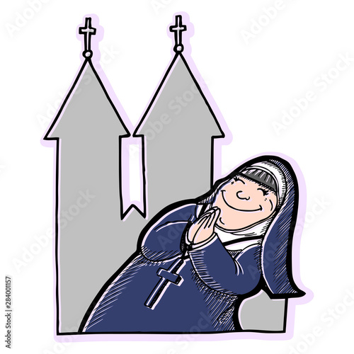 a symbolic nun who stands in front of a church and prays.  Professions, color, illustration, cartoon.