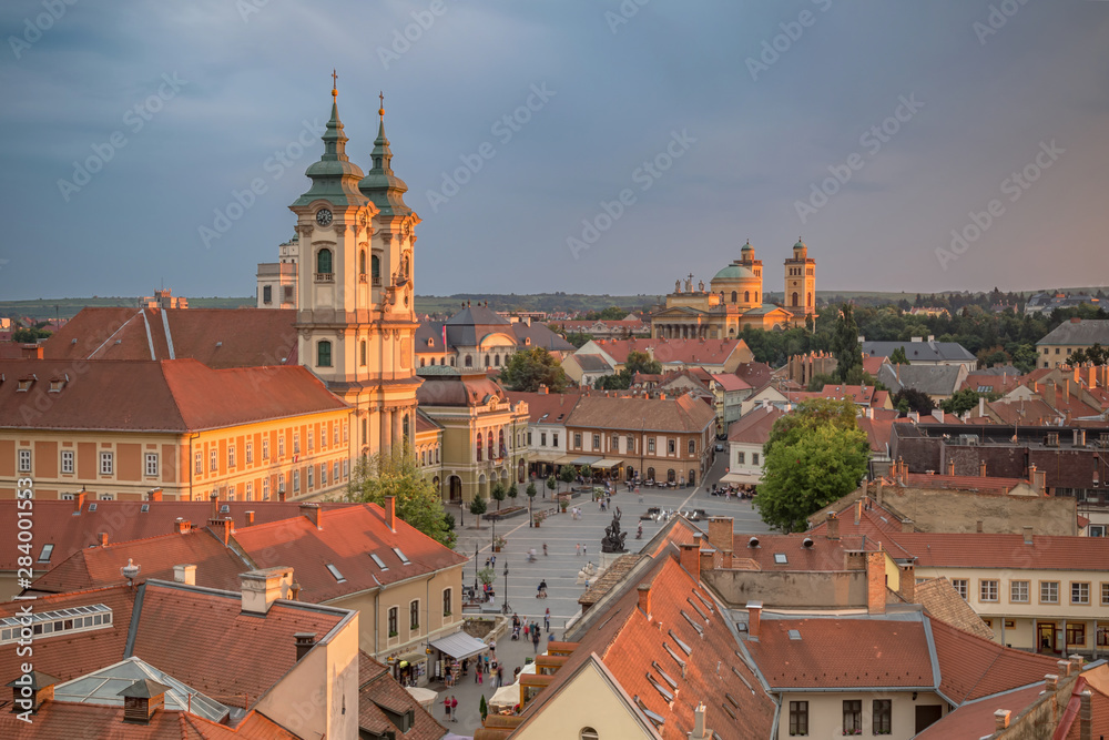 Istvan Dobo square in Eger, Hungary. Main catholic cathedral in early evening in Eger. Ancient hungarian city.