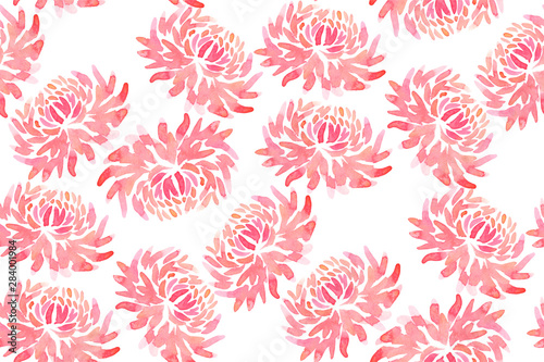 Seamless watercolor pattern with abstract flower pink chrysanthemum dahlia on white background.