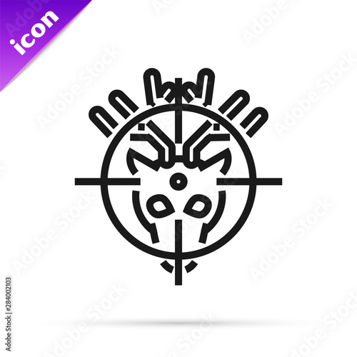 Black line Hunt on deer with crosshairs icon isolated on white background. Hunting club logo with deer and target. Rifle lens aiming a deer. Vector Illustration