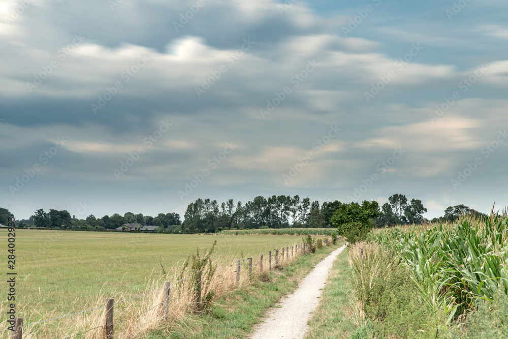 Dirt pathway between fence and corn field under cloudy sky. Long exposure shot.