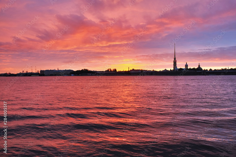 Sunset on the Neva river, St. Petersburg