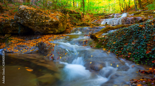 beautiful river rushing among a stones and dry leaves, autumn natural background