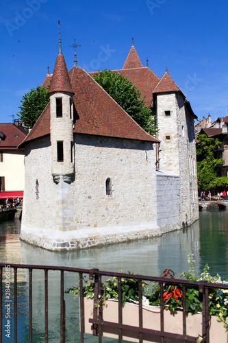 Beautiful view of island palace on a sunny day. Annecy. France.