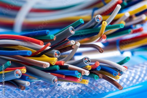 Colorful electrical cord, wire and cable close-up photo