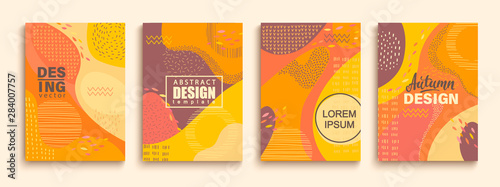 Abstract set of autumn doodle geometric banners.Color splashes,lines and dots in trendy Memphis animation style.Creative fluid style poster collection for party, banner, cover, print, ad, web. Vector.