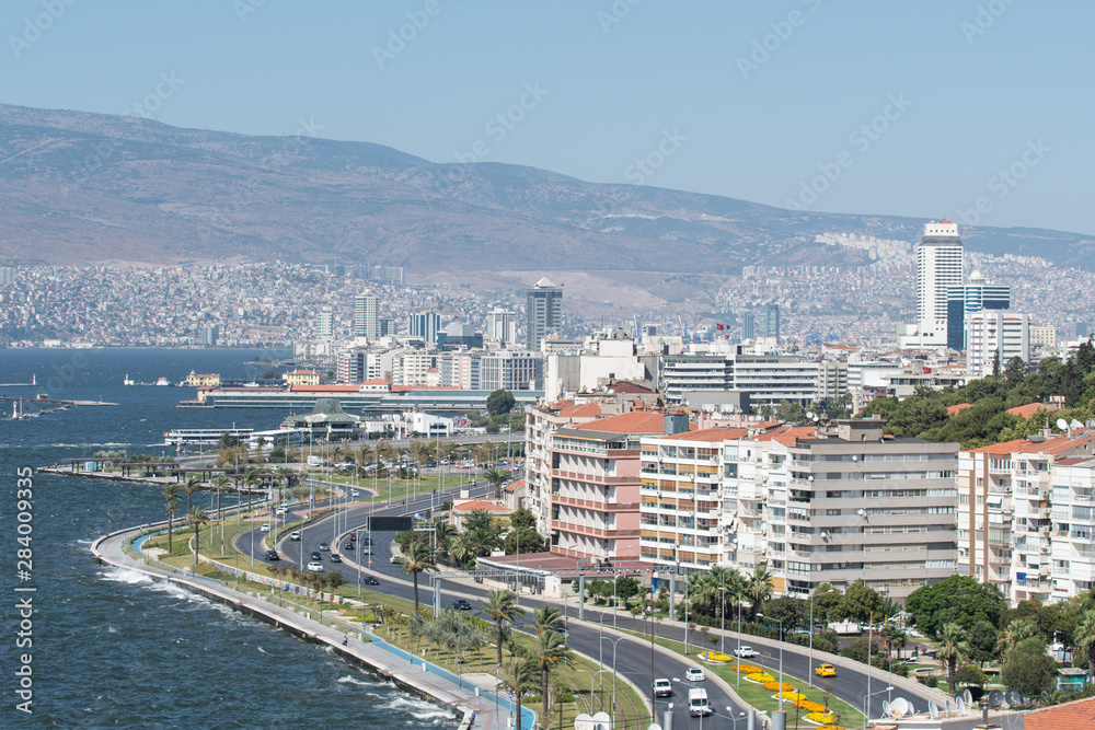 View of Konak district and waterfront seen from Asansör (translated elevator) viewpoint in Izmir, Turkey.