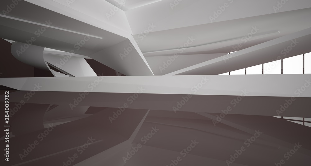 Obraz premium Abstract architectural white and brown gloss interior of a minimalist house with large windows.. 3D illustration and rendering.