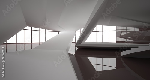 Abstract architectural white and brown gloss interior of a minimalist house with large windows.. 3D illustration and rendering.