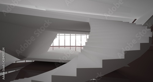 Abstract architectural white and brown gloss interior of a minimalist house with large windows.. 3D illustration and rendering.