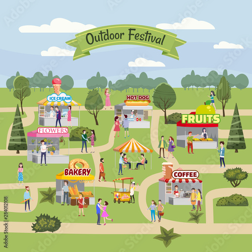 Seasonal Outdoor festival fair, market with food stalls, kiosks canopy, awnings, tents, ice cream, coffee, hot dog, flowers bakery