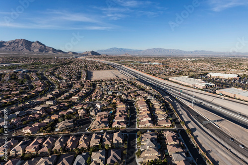 Aerial view of the suburban Summerlin cul-de-sac streets and homes in Las Vegas, Nevada.
