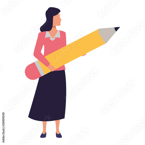 Executive businesswoman holding big pencil