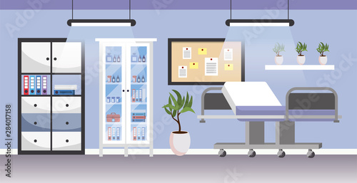 professional hospital with medical stretcher and utensils