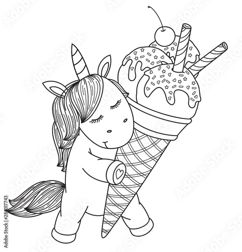 Vector cute unicorn cartoon holding ice cream, black silhouette for coloring.