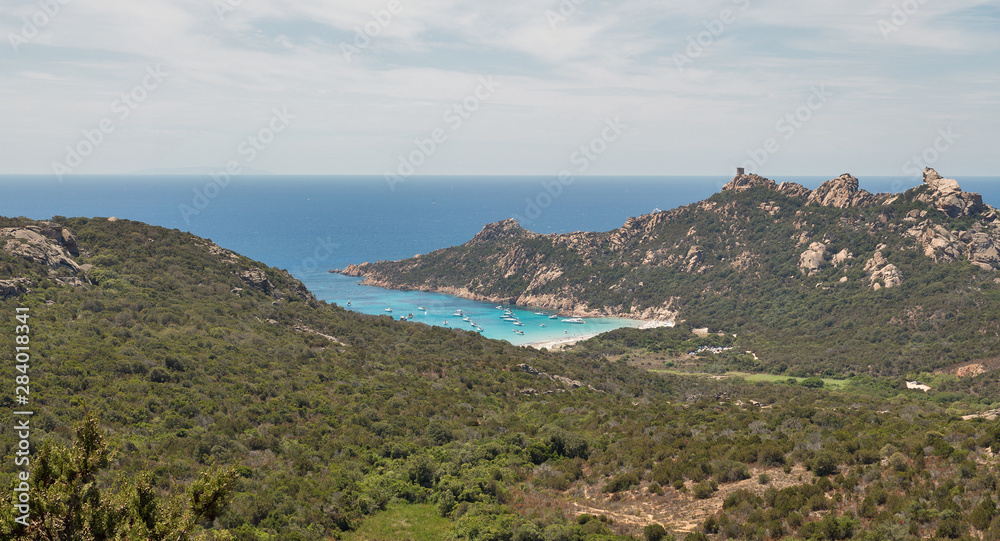 Southern Corsica island beach landscape panorama, France.