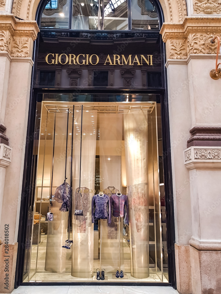 Detail of Armani store in Milan, Italy. Giorgio Armani is an Italian  fashion house founded founded at 1975 in Milan. Stock Photo | Adobe Stock