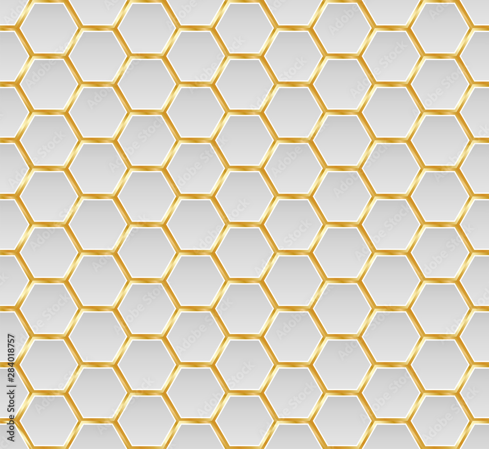 Gold and white honey hexagonal cells seamless texture. Mosaic or speaker fabric shape pattern. Technology concept. Honeyed comb grid texture and geometric hive hexagonal honeycombs. Vector Gold and white honey hexagonal cells seamless texture. Mosaic or speaker fabric shape pattern. Technology concept. Honeyed comb grid texture and geometric hive hexagonal honeycombs. Vector