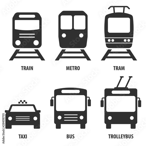 Set of passenger transport vector icons: Train, metro, bus, trolleybus, taxi.  Black symbols isolated on white. Signs for public transport stops and schemes.