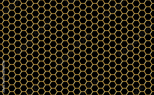 Gold and black honey hexagonal cells seamless texture. Mosaic or speaker fabric shape pattern. Golden honeyed comb grid texture and geometric hive hexagonal honeycombs. Vector illustration