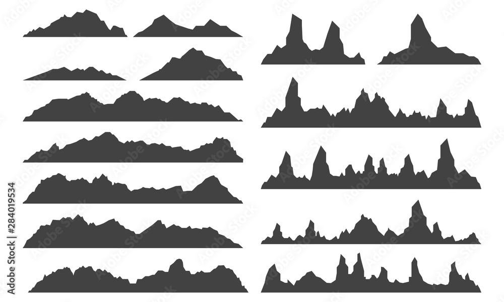 Mountains and hills silhouette. Abstract uneven horizon shapes. Set of vector illustrations.