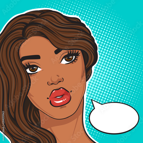 Pop art african american woman thinking with text balloon  vector illustration in comic retro style
