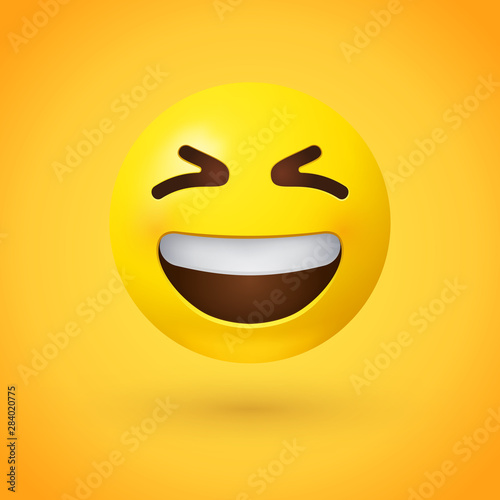 Grinning squinting face emoji with scrunched, X-shaped eyes and a broad, open smile, showing upper teeth - smiling emoticon character design that conveys excitement or hearty laughter