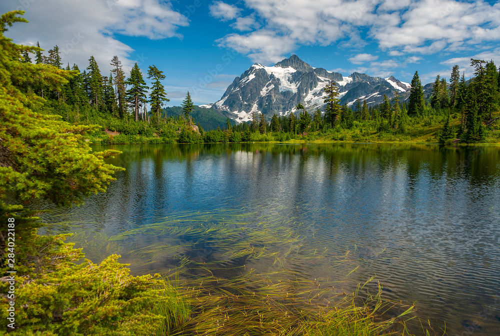 Picture Lake with Mt. Shuksan, Washington state. Picture Lake is the centerpiece of a strikingly beautiful landscape in the Heather Meadows area of the Mt. Baker-Snoqualmie National Forest.