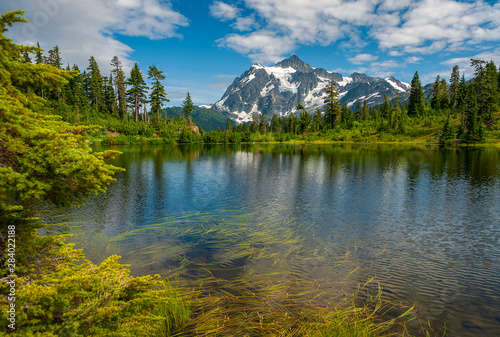 Picture Lake with Mt. Shuksan  Washington state. Picture Lake is the centerpiece of a strikingly beautiful landscape in the Heather Meadows area of the Mt. Baker-Snoqualmie National Forest.