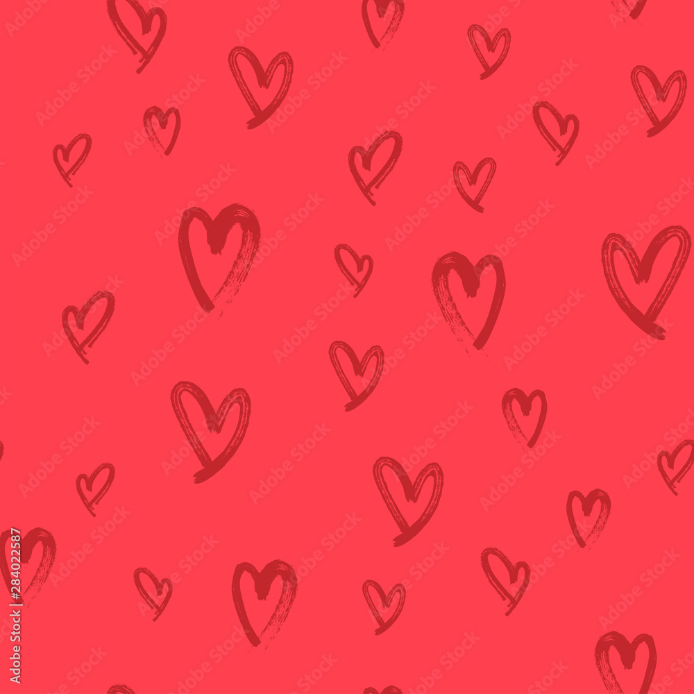 Heart doodles seamless love pattern. Hand drawn brushed hearts. Red Background texture for valentine's day.