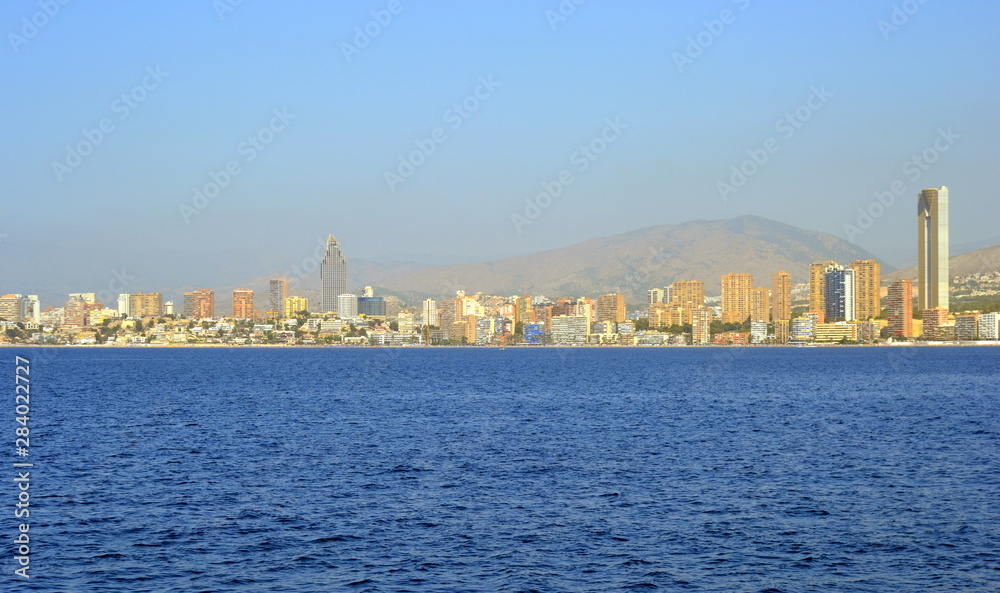 Naklejka premium Sunny panoramic view on Benidorm city with seafront in Alicante Mediterranean of Spain