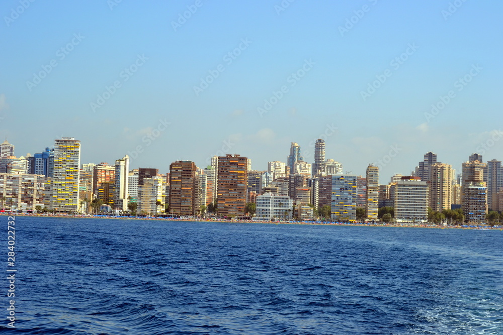 Sunny panoramic view on Benidorm city with seafront in Alicante Mediterranean of Spain