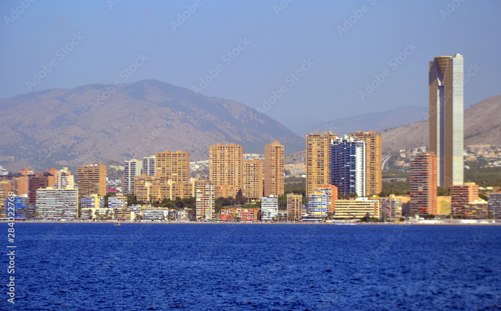 Fototapeta premium Sunny panoramic view on Benidorm city with seafront in Alicante Mediterranean of Spain