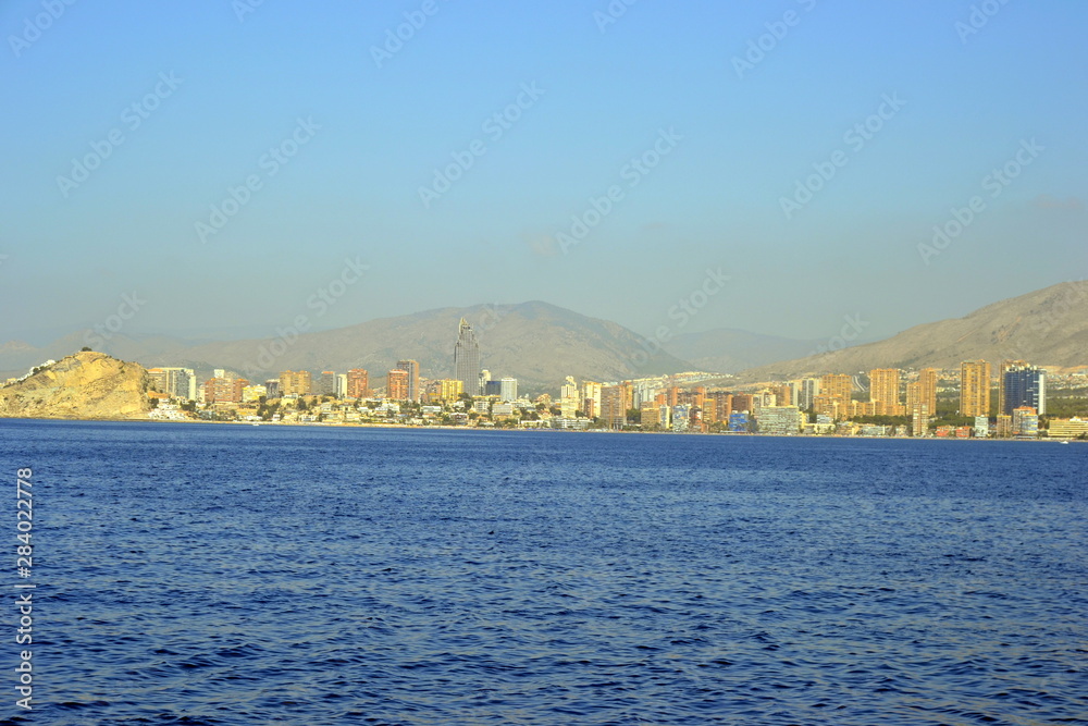 Fototapeta premium Sunny panoramic view on Benidorm city with seafront in Alicante Mediterranean of Spain