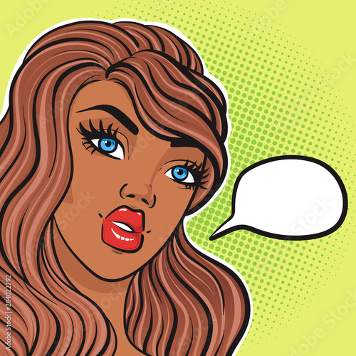 Beautiful african american woman thinking face in pop art comic retro style with empty speech bubble, vector illustration eps10