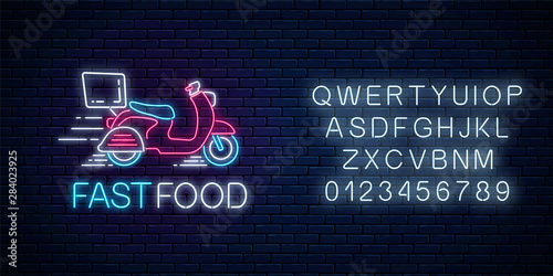 Glowing neon food fast delivery sign with delivering scooter with alphabet. Fast delivery symbol in neon style.