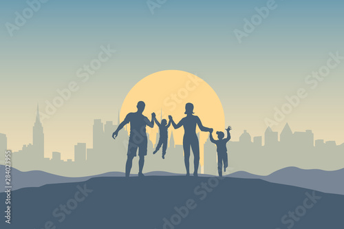 Happy young family outdoors. Father, mother and two boys on a background of a sun and city landscape. Silhouettes of people - parents and children. Flat vector illustration.