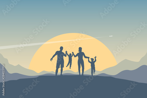 Happy young family outdoors. Dad, mom and two boys on a background of a sun and mountain landscape. Silhouettes of people - parents and children. Flat vector illustration.